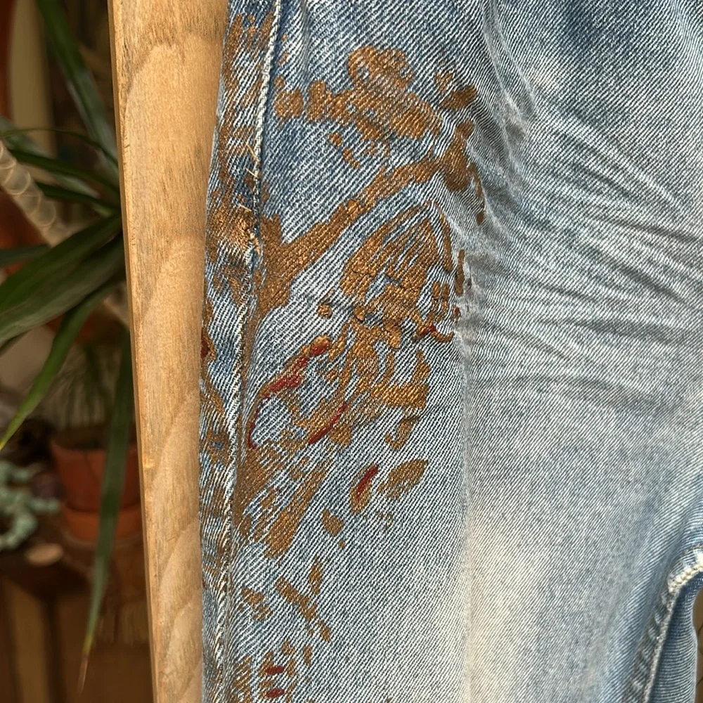 Free People Distressed Gold Paint Stencil Denim Jeans